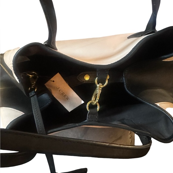 NWT J. Crew Cream & Black Genuine Leather Tote Satchel w/ Accessory Pouch - Picture 9 of 17
